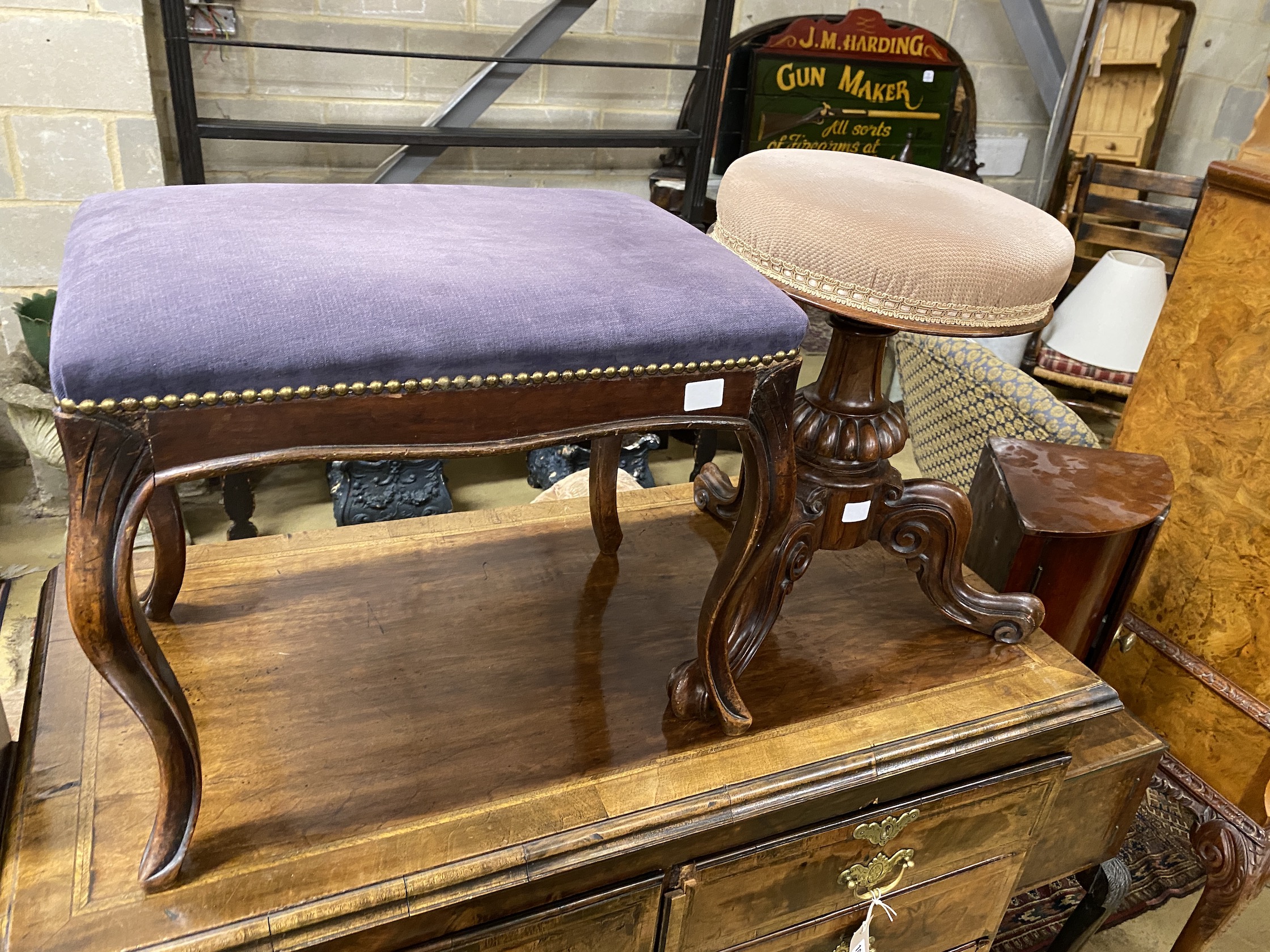 A Victorian rosewood revolving piano stool, a George III style mahogany dressing stool, bedside cabinet and as corner cabinet